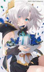Rule 34 | 1girl, armpit crease, ars almal, blue eyes, blue flower, bouquet, box, capelet, cloak, company name, detached sleeves, flower, gift, gift box, grin, highres, hood, hood down, nijisanji, petals, seicoh, short hair, silver hair, simple background, smile, solo, virtual youtuber