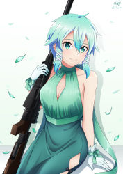 Rule 34 | 1girl, anti-materiel rifle, aqua eyes, aqua hair, bare arms, bare shoulders, bolt action, bow, breasts, cleavage, cleavage cutout, closed mouth, clothing cutout, collarbone, commentary request, dress, gloves, green bow, green dress, green ribbon, gun, hair between eyes, hair ornament, hair ribbon, highres, holding, holding weapon, ken-ji, looking at viewer, medium breasts, petals, pgm hecate ii, ribbon, rifle, short hair, signature, sinon, sinon (solus), sitting, smile, sniper rifle, solo, sword art online, sword art online: alicization, tress ribbon, weapon, white background, white gloves