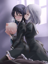 Rule 34 | 2girls, assault lily, black hair, black ribbon, black skirt, black thighhighs, blush, grabbing another&#039;s breast, breasts, breasts out, brown pantyhose, buttons, closed eyes, commentary request, commission, cropped jacket, frilled skirt, frills, from side, grabbing, grabbing from behind, grey hair, hair between eyes, hands up, hata matsuri, heads together, heavy breathing, high-waist skirt, highres, indoors, juliet sleeves, kiss, kissing ear, large breasts, leg ribbon, long hair, long sleeves, looking away, looking to the side, medium hair, miniskirt, multiple girls, nipples, no bra, no shoes, nose blush, open clothes, open shirt, pantyhose, parted lips, profile, puffy sleeves, purple eyes, ribbon, saliva, school uniform, shirai yuyu, shirt, sidelocks, sitting, skeb commission, skirt, sweat, thigh ribbon, thighhighs, urutsu sahari, v arms, wariza, white shirt, window, yuri, yurigaoka girls academy school uniform, zettai ryouiki