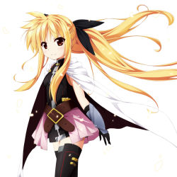 Rule 34 | 1girl, belt, blonde hair, blush, bow, buckle, cape, fate testarossa, fate testarossa (blaze form), gauntlets, gloves, hair bow, kanzaki sora, long hair, lyrical nanoha, mahou shoujo lyrical nanoha, mahou shoujo lyrical nanoha a&#039;s, mahou shoujo lyrical nanoha the movie 2nd a&#039;s, red eyes, skirt, smile, solo, thighhighs, twintails
