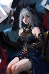 Rule 34 | 1girl, absurdres, artist name, bare shoulders, blue gemstone, breasts, brooch, chair, chinese clothes, choker, cleavage, closed mouth, commentary, detached sleeves, faux traditional media, gem, gloves, grey eyes, grey hair, hair between eyes, hair ornament, hanya (honkai: star rail), highres, honkai: star rail, honkai (series), impasto, jewelry, long hair, looking at viewer, medium breasts, painterly, ravine bells, sitting, solo, thighs
