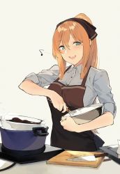 Rule 34 | 1girl, :d, apron, blush, breasts, brown hair, chocolate, collar, collared shirt, cutting board, dress shirt, duoyuanjun, eyebrows, food, girls&#039; frontline, green eyes, hair between eyes, hair ornament, head tilt, highres, holding, icing, kitchen knife, knife, large breasts, long hair, long sleeves, looking at viewer, mixing, mixing bowl, musical note, open mouth, personification, ponytail, pot, quaver, ribbon, shirt, simple background, sleeves rolled up, smile, solo, springfield (girls&#039; frontline), stove, upper body, whisk, wing collar