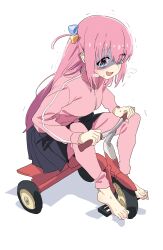 Rule 34 | 1girl, absurdres, barefoot, bicycle, blue eyes, blush, bocchi the rock!, dorontabi, gotoh hitori, gym uniform, highres, long hair, pink hair, simple background, skirt, solo, tears, white background