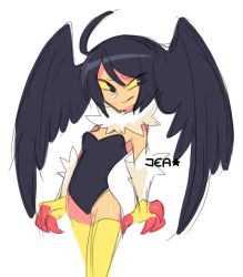Rule 34 | 1girl, bird girl, black eyes, black hair, black leotard, breasts, claws, collar, colored sclera, fur collar, fur trim, harpy, head wings, leotard, looking to the side, monster girl, short hair, small breasts, smile, sprayjea, standing, thighhighs, white background, wings, yellow sclera, yellow thighhighs