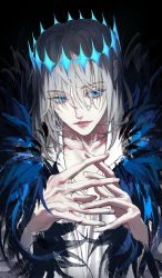 Rule 34 | 1boy, black background, blue eyes, cape, cloak, collared shirt, crown, dark persona, diamond hairband, fate/grand order, fate (series), fur-trimmed cape, fur-trimmed cloak, fur collar, fur trim, grey hair, highres, insect wings, korean commentary, light smile, long sleeves, looking at viewer, male focus, medium hair, oberon (fate), oberon (third ascension) (fate), official alternate costume, ohudrneerd, own hands together, shirt, simple background, solo, spoilers, upper body, white hair, white shirt, wings