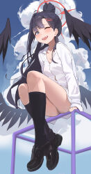 Rule 34 | 1girl, absurdres, alternate hairstyle, black eyes, black footwear, black hair, black socks, black wings, blue archive, blush, breasts, day, gubbi on, hair ornament, hairclip, halo, highres, ichika (blue archive), kneehighs, long hair, long sleeves, low wings, medium breasts, one eye closed, open mouth, outdoors, red halo, shirt, shoes, sitting, smile, socks, solo, white shirt, wings