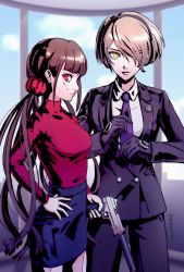 Rule 34 | alternate costume, artist name, black gloves, black pants, black skirt, blood, blood on face, blunt bangs, brown hair, collared shirt, commentary, cowboy shot, danganronpa (series), danganronpa v3: killing harmony, datcravat, from side, gloves, gun, hair ornament, hair over one eye, hand on own hip, harukawa maki, highres, holding, holding gun, holding weapon, long hair, looking at viewer, low twintails, necktie, pants, pencil skirt, pink blood, profile, purple neckwear, red eyes, red scrunchie, red sweater, scrunchie, shirt, skirt, sweater, tojo kirumi, twintails, weapon, white shirt, window