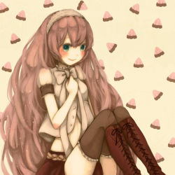 Rule 34 | bad id, bad pixiv id, black thighhighs, blue eyes, blush, boots, bow, hairband, hand on own chest, knee boots, long hair, megurine luka, mizutamako, pink hair, sitting, smile, solo, thighhighs, very long hair, vocaloid