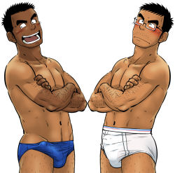 Rule 34 | 2boys, bara, body hair, briefs, bulge, crotch, erection, erection under clothes, glasses, looking at viewer, male focus, male underwear, multiple boys, muscular, original, topless male, smile, tsubuse hiraku, underwear