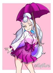 Rule 34 | 1girl, artist name, border, borrowed character, bow, cowboy shot, hand up, highres, holding, holding umbrella, horns, jay flare, long hair, long sleeves, looking at viewer, one eye closed, original, parted lips, pink background, purple bow, purple horns, purple skirt, purple umbrella, shirt, simple background, skirt, smile, solo, su-an, umbrella, very long hair, white border, white hair, white shirt, yellow eyes