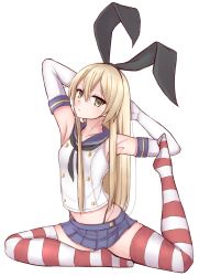 Rule 34 | 1girl, absurdres, arms behind head, arms up, black neckerchief, blonde hair, blue skirt, breasts, brown eyes, collarbone, crop top, elbow gloves, full body, gloves, hairband, highres, kantai collection, long hair, looking at viewer, microskirt, multicolored clothes, multicolored legwear, navel, neckerchief, pleated skirt, red thighhighs, shimakaze (kancolle), skirt, sleeveless, small breasts, solo, stretching, striped clothes, striped thighhighs, thighhighs, tiemu (man190), white gloves, white thighhighs
