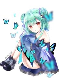 Rule 34 | 1girl, :o, animal, bare shoulders, blue dress, blue hair, blue sleeves, boots, bug, butterfly, commentary request, detached sleeves, double bun, dress, full body, gradient hair, green hair, grey footwear, hair bun, hair ornament, hololive, insect, knees up, long sleeves, looking at viewer, looking to the side, lunacats, multicolored hair, parted lips, red eyes, sitting, skull hair ornament, solo, streaked hair, twitter username, uruha rushia, uruha rushia (1st costume), virtual youtuber, white background, wide sleeves