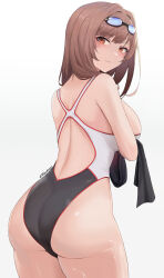 Rule 34 | 1girl, absurdres, ass, black one-piece swimsuit, breasts, brown hair, closed mouth, cowboy shot, from behind, goddess of victory: nikke, goggles, goggles on headwear, highleg, highleg swimsuit, highres, huge ass, large breasts, lendivere, looking at viewer, looking back, medium hair, multicolored clothes, multicolored swimsuit, official alternate costume, one-piece swimsuit, rapi (classic vacation) (nikke), rapi (nikke), red eyes, shiny skin, simple background, solo, swim goggles, swimsuit, white background, white one-piece swimsuit, wide hips