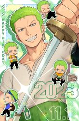 Rule 34 | 1boy, alcohol, beer, chibi, dated, green hair, green theme, grin, happy birthday, highres, holding, holding sword, holding weapon, long sideburns, looking at viewer, male focus, nedoko ym, official alternate costume, one piece, roronoa zoro, sheath, short hair, sideburns, smile, solo, sword, unsheathing, weapon