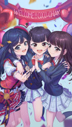 Rule 34 | 3girls, absurdres, balloon, black eyes, black hair, blunt bangs, brown eyes, brown hair, chase! (love live!), commentary, confetti, english commentary, fingerless gloves, gloves, group hug, hair ornament, hayashi coco, heart balloon, highres, holding hands, hug, kusunoki tomori, looking at viewer, love live!, love live! nijigasaki high school idol club, multiple girls, one side up, red gloves, smile, swept bangs, tomi (yktm5477), voice actor, voice actor connection, yuki setsuna (love live!)