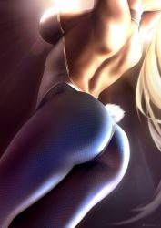 Rule 34 | 1girl, arms up, artoria pendragon (all), artoria pendragon (fate), artoria pendragon (swimsuit ruler) (fate), ass, ass focus, back, backless leotard, blonde hair, blue pantyhose, breasts, fate/grand order, fate (series), fishnet pantyhose, fishnets, highres, leotard, medium breasts, pantyhose, playboy bunny, queasy s, solo