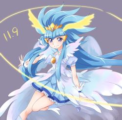 Rule 34 | 1girl, aoki reika, blue eyes, blue hair, blue skirt, boots, brooch, chocokin, choker, closed mouth, cropped legs, crown, cure beauty, cure beauty (princess form), dated, hair tubes, jewelry, knee boots, long hair, looking at viewer, magical girl, messy hair, precure, puffy sleeves, purple background, sidelocks, simple background, skirt, smile, smile precure!, solo, standing, standing on one leg, white footwear, wing brooch, wrist cuffs