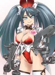Rule 34 | 1girl, animal ears, black bow, black bowtie, bow, bowtie, breasts, cleavage, coattails, cowboy shot, detached collar, gloves, green eyes, grey hair, high heels, isuzu (kancolle), jacket, kantai collection, large breasts, leotard, lips, long hair, machinery, name tag, playboy bunny, rabbit ears, rabbit tail, red leotard, simple background, solo, standing, strapless, strapless leotard, suit jacket, tail, thighhighs, twintails, udukikosuke, white background, white gloves, white jacket, white thighhighs, wrist cuffs
