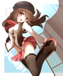 Rule 34 | 1girl, :d, arm up, black hat, blush, breasts, brown eyes, brown footwear, brown hair, brown thighhighs, brown vest, chain-link fence, commentary request, dutch angle, fence, hair between eyes, hat, highres, holding, loafers, long hair, long sleeves, looking at viewer, medium breasts, navel, neckerchief, non (wednesday-classic), open mouth, original, outdoors, pleated skirt, red neckerchief, red skirt, shirt, shoes, skateboard, skateboarding, skirt, smile, solo, thighhighs, very long hair, vest, white shirt