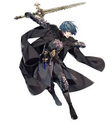 Rule 34 | 1boy, 88 taho, aqua hair, armor, black pants, blue eyes, byleth (fire emblem), byleth (male) (fire emblem), dagger, fire emblem, fire emblem: three houses, fire emblem heroes, full body, gauntlets, highres, holding, holding sword, holding weapon, knife, long sleeves, looking away, male focus, nintendo, official art, open mouth, pants, reverse grip, shiny skin, short hair, solo, sword, transparent background, weapon