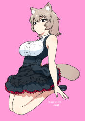 Rule 34 | 1girl, animal ear fluff, animal ears, bare shoulders, black eyes, breasts, brown hair, large breasts, looking at viewer, original, pink background, simple background, sleeveless, solo, tail, tsukudani-chan, tsukudani (coke-buta)