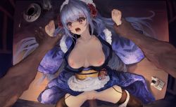 Rule 34 | 1boy, 1girl, absurdres, alber, blood, blue hair, breasts, censored, clenched hand, clothes lift, crying, defloration, flower, hair ornament, held down, highres, huge filesize, japanese clothes, kimono, kimono lift, koi ga saku koro sakura doki, large breasts, long hair, lying, maid, nipples, on back, open clothes, open kimono, open mouth, pain, panties around leg, penis, pov, pussy, rape, red eyes, restrained, screaming, spread legs, table, tears, thighhighs, tsukishima yuuri, vaginal