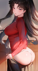 Rule 34 | 1girl, absurdres, ass, black hair, black ribbon, black skirt, breasts, fate/stay night, fate (series), hair ribbon, half-closed eyes, highres, huge ass, large breasts, long hair, long sleeves, looking at viewer, panties, parted bangs, red shirt, ribbon, rororo, shirt, skirt, solo, standing, tohsaka rin, twintails, two side up, underwear, white panties