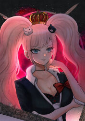 Rule 34 | 1girl, absurdres, arm under breasts, bear hair ornament, black choker, black shirt, blue eyes, bow, breasts, choker, cleavage, crown, danganronpa: trigger happy havoc, danganronpa (series), enoshima junko, grey eyes, hair ornament, hand up, highres, large breasts, long hair, looking at viewer, midori (mpse2332), nail polish, necktie, red background, red bow, red nails, shirt, skirt, smile, solo, twintails