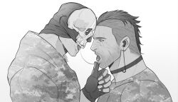 Rule 34 | 2boys, after kiss, artist name, bara, call of duty, call of duty: modern warfare 2, camouflage, camouflage jacket, camouflage shirt, choker, couple, dilfborne (ventiskull), facial hair, ghost (modern warfare 2), gloves, greyscale, highres, jacket, looking at another, male focus, mask, mask lift, monochrome, multiple boys, muscular, muscular male, open mouth, saliva, saliva trail, shirt, short hair, skull mask, soap (modern warfare 2), tongue, tongue out, yaoi