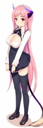 Rule 34 | 1girl, black thighhighs, blush, breasts, cleavage, cleavage cutout, clothing cutout, dress, dress tug, earrings, female focus, horns, jewelry, large breasts, loafers, long hair, original, pink hair, pointy ears, ponkotsu (ayarosu), red eyes, shoes, solo, standing, tail, thighhighs, very long hair, zettai ryouiki