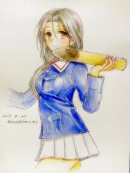 Rule 34 | 1girl, blue jacket, closed mouth, commentary, cowboy shot, cropped arms, cropped legs, dated, freckles, from side, girls und panzer, grey eyes, grey hair, hair over shoulder, hair tie, holding, jacket, long hair, long sleeves, looking at viewer, military, military uniform, miniskirt, one-hour drawing challenge, ooarai military uniform, piyotan (girls und panzer), pleated skirt, ponytail, q-bee (aaru), skirt, smile, solo, standing, tank shell, texture, traditional media, twitter username, uniform, white skirt