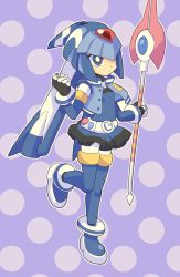 Rule 34 | 1girl, adapted costume, belt, blue eyes, breasts, clenched hand, cropped jacket, full body, helmet, highres, holding, holding weapon, jewelry, leg up, fairy leviathan (mega man), mega man (series), mega man zero (series), polka dot, polka dot background, powerpuff girls z, ring, small breasts, solo, thighhighs, weapon