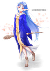 Rule 34 | 1girl, blue hair, blue robe, brown footwear, copyright name, full body, holding, holding staff, long hair, looking at viewer, pointy ears, red eyes, robe, sarah (shining force), sega, shining (series), shining force ii, solo, staff, standing, umehime, very long hair, white background, wide sleeves