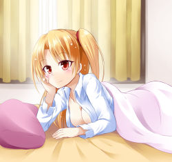 Rule 34 | azur lane, bed, bed sheet, blanket, blonde hair, blush, breasts, cleavage, cleveland (azur lane), commentary request, curtains, hair between eyes, hair ribbon, hand on own cheek, hand on own face, ichimi, indoors, long hair, looking at viewer, lying, medium breasts, on side, pillow, red eyes, ribbon, shirt, side ponytail, smile, solo, under covers, white shirt