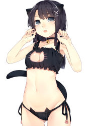 Rule 34 | 1girl, :o, alternate costume, animal ears, ao no neko, bell, black hair, blue eyes, breasts, cat cutout, cat ear panties, cat ears, cat lingerie, choker, cleavage, cleavage cutout, clothing cutout, frills, gluteal fold, groin, hair ornament, hairclip, jingle bell, long hair, looking at viewer, meme attire, navel, neck bell, original, panties, paw pose, paw print, side-tie panties, simple background, solo, stomach, tail, underwear, underwear only, white background, x hair ornament