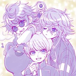 Rule 34 | 4boys, ahoge, chin rest, cigarette, closed eyes, closed mouth, commentary request, covered face, crown, eyeliner, finger to mouth, ghost, glasses, grin, head on head, head rest, heart, highres, jacket, long hair, long sleeves, looking at another, makeup, makoto kagutsuchi, male focus, mask, master detective archives: rain code, messy hair, multiple boys, myama owa, necktie, one eye closed, open mouth, round eyewear, short hair, smile, smoke, smoking, sweatdrop, teeth, tinted eyewear, upper body, upper teeth only, vivia twilight, yakou furio, yuma kokohead