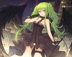 Rule 34 | 1girl, bad id, bad twitter id, bare shoulders, black dress, black footwear, black gloves, black legwear, blush, boots, bow, breasts, bridal garter, canape (canape0130), cityscape, collarbone, dress, dress bow, floating hair, girls&#039; frontline, gloves, green hair, grin, hair between eyes, halter dress, halterneck, holding, holding microphone, long hair, looking away, m950a (concert diva!) (girls&#039; frontline), m950a (girls&#039; frontline), medium breasts, messy hair, microphone, microphone stand, music, night, official alternate costume, parted lips, scenery, see-through, sidelocks, skindentation, smile, solo, standing, teeth, thighs, twintails, two side up, wind, wind lift, wings, yellow eyes