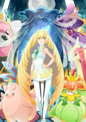 Rule 34 | 1girl, :3, aura, bare arms, bare shoulders, bear, bewear, blonde hair, blunt bangs, breasts, clefable, closed mouth, collarbone, covered erect nipples, creatures (company), crossed legs, dress, flower, game freak, gem, gen 1 pokemon, gen 3 pokemon, gen 4 pokemon, gen 5 pokemon, gen 7 pokemon, ghost, green eyes, hair over one eye, hand on own hip, highres, holding, holding poke ball, impossible clothes, jellyfish, leggings, lilligant, long hair, looking at viewer, lusamine (pokemon), medium breasts, milotic, mismagius, nihilego, nintendo, poke ball, pokemon, pokemon (creature), pokemon sm, see-through, short dress, sleeveless, sleeveless dress, smile, standing, star (sky), tentacles, turtleneck, ultra beast, very long hair, watson cross, white dress, yuutarou (fukiiincho)