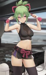 Rule 34 | 1girl, absurdres, arms up, bare shoulders, black thighhighs, breasts, closed mouth, crop top, dolri, earrings, facing viewer, genshin impact, green hair, hair between eyes, hair ornament, highres, jewelry, kuki shinobu, looking to the side, medium breasts, midriff, navel, outdoors, ponytail, purple eyes, revision, rope, shimenawa, short shorts, shorts, smile, solo, stomach, tassel, tassel earrings, thighhighs, thighs