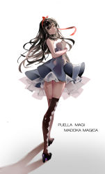 Rule 34 | 10s, 1girl, akemi homura, alternate costume, bare shoulders, black hair, black thighhighs, bow, breasts, closed mouth, copyright name, dress, expressionless, from behind, full body, hair bow, hair ornament, hair ribbon, headband, high heels, long hair, looking at viewer, mahou shoujo madoka magica, rero (bigdoorbig2), ribbon, shadow, sign, simple background, sleeveless, sleeveless dress, solo, standing, strapless, text focus, thighhighs, white background