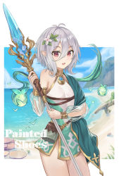 Rule 34 | 1girl, absurdres, bare shoulders, beach, blue sky, cloud, commentary request, day, detached sleeves, flower, green sleeves, hair between eyes, hair flower, hair ornament, highres, holding, holding staff, kokkoro (princess connect!), lan xiezi, looking at viewer, open mouth, outdoors, pointy ears, princess connect!, red eyes, sand, see-through, see-through sleeves, short hair, silver hair, sky, smile, solo, staff, standing, thighs