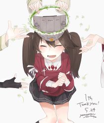 Rule 34 | 10s, anniversary, bad id, bad pixiv id, brown hair, dated, dress, gloves, head wreath, highres, japanese clothes, jewelry, kantai collection, kitakami (kancolle), kongou (kancolle), multiple girls, nagato (kancolle), ooi (kancolle), open mouth, ring, ryuujou (kancolle), smile, twintails, visor cap, wedding band, wedding dress, yamamo