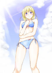 Rule 34 | 1girl, alice margatroid, bikini, blonde hair, blue eyes, blush, cloud, day, female focus, from below, hand on own chest, highres, looking at viewer, navel, niwatazumi, short hair, side-tie bikini bottom, sky, solo, swimsuit, touhou