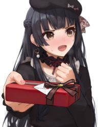 Rule 34 | 1girl, bad id, bad pixiv id, beret, black hair, black hat, black shirt, blurry, blurry background, blush, box, brown eyes, depth of field, earrings, gift, gift box, hat, heart, heart earrings, highres, holding, holding gift, idolmaster, idolmaster shiny colors, incoming gift, jewelry, long sleeves, looking away, looking to the side, mayuzumi fuyuko, nose blush, open mouth, shirt, simple background, solo, suketoudara (artist), sweat, v-shaped eyebrows, white background