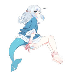 Rule 34 | ..., 1girl, :/, absurdres, ahoge, ass, barefoot, blue eyes, blue hair, blue hoodie, blue nails, blush, bound, bound ankles, bound wrists, closed mouth, commentary, commentary request, english commentary, feet, fingernails, fins, fish tail, from above, gawr gura, gawr gura (1st costume), grey hair, hair ornament, highres, hololive, hololive english, hood, hoodie, korean commentary, looking at viewer, lying, mixed-language commentary, multicolored hair, nail polish, no pants, on side, panties, restrained, shark girl, shark hair ornament, shark tail, sidelocks, simple background, sleeves past elbows, soles, solo, streaked hair, striped clothes, striped panties, sweatdrop, tail, toes, ugaaaa1, underwear, virtual youtuber, white background, white hood, wide sleeves