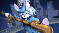 Rule 34 | 1girl, absurdres, blue dress, blue hair, bright pupils, chucky (chucky1000sun), commentary request, dress, fleuve cendre ferryman (genshin impact), furry, genshin impact, hat, highres, holding, holding lead pipe, holding weapon, lead pipe, long sleeves, melusine (genshin impact), purple eyes, short hair, solo, weapon, white pupils