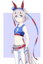 Rule 34 | 1girl, alternate hair length, alternate hairstyle, animal ears, arms at sides, belt, blue eyes, blush, breasts, closed mouth, collarbone, crop top, feet out of frame, fingerless gloves, gloves, grey hair, hairband, headband, highres, horse ears, horse girl, horse tail, lightning bolt symbol, looking at viewer, midriff, navel, pants, shima aji, short hair, small breasts, solo, standing, sweat, tail, tamamo cross (umamusume), tank top, umamusume, white gloves, white pants