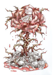 Rule 34 | 1girl, artist request, blood, blood drip, closed eyes, crown, dress, dripping, flower, full body, leaf, mini crown, muted color, official art, oversized flower, pool of blood, red flower, red rose, rose, rose (rose to tasogare no kojou), rose to tasogare no kojou, short hair, simple background, solo, thorns, white background