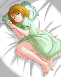 Rule 34 | 1girl, absurdres, artist name, artist request, bare legs, barefoot, bed, blush, breasts, brown hair, closed eyes, feet, female focus, full body, green shirt, green skirt, hair between eyes, head on pillow, highres, koizumi hanayo, looking at viewer, love live!, love live! school idol festival, love live! school idol project, miniskirt, on bed, parted lips, pillow, plaid, plaid skirt, pleated, pleated skirt, puffy short sleeves, puffy sleeves, shirt, short hair, short sleeves, skirt, sleeping, sleepy, smile, solo