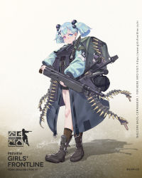 Rule 34 | 1girl, ammunition, ammunition belt, backpack, bag, baggy clothes, belt-fed, black footwear, blue coat, blue eyes, blue hair, boots, breasts, brown socks, bullet, character name, closed mouth, coat, combat knife, frown, full body, girls&#039; frontline, gun, hair bobbles, hair ornament, heavy machine gun, highres, holding, holding gun, holding weapon, holster, knife, load bearing equipment, looking at viewer, m1895 cb (girls&#039; frontline), m1895 colt-browning, machine gun, multicolored coat, official art, open clothes, open coat, pouch, purple eyes, short hair, sidelocks, socks, solo, trench coat, twintails, two-tone coat, walking, weapon